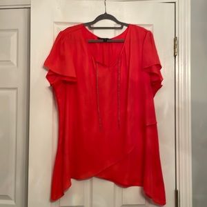 Zach and Rachel 3X salmon top with cap sleeve chain bow in